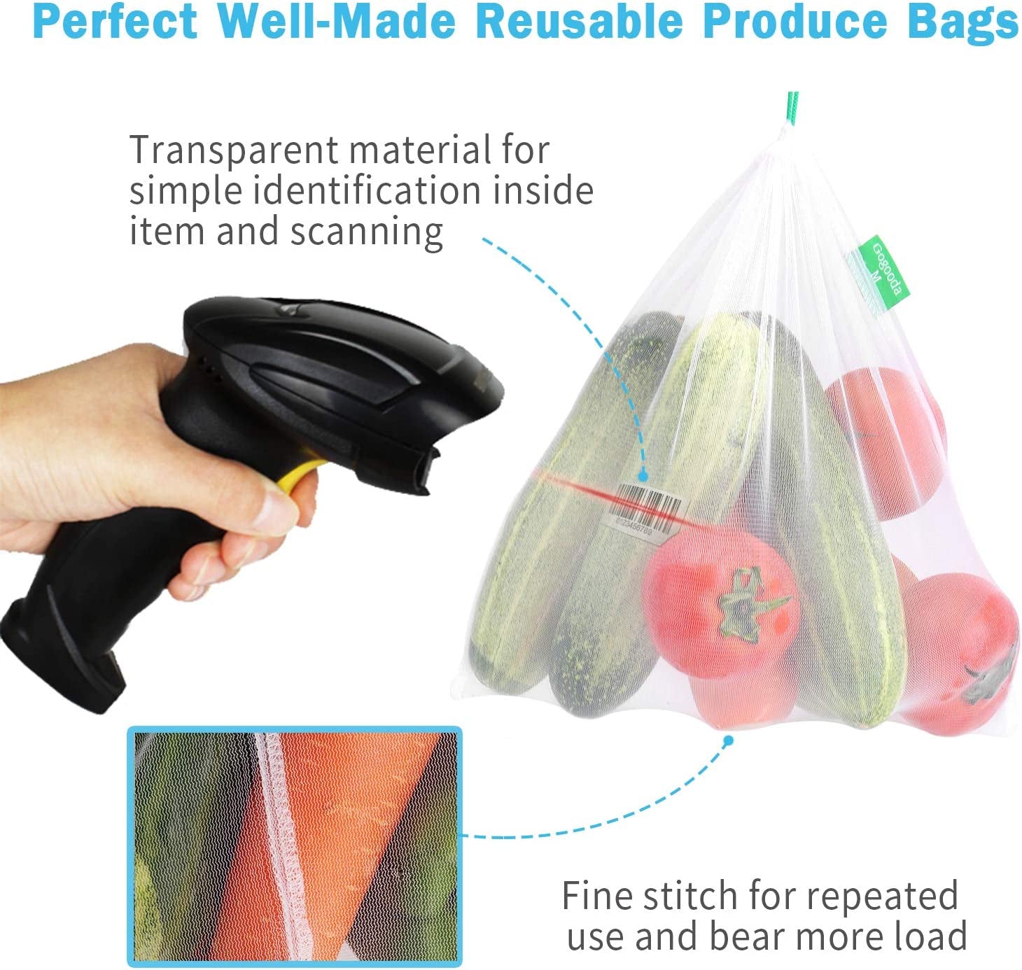Reusable Produce Bags Set of 15 Mesh Produce Bags 3 Size Washable and See-Through Grocery Bags, with Colorful Tare Weight Tags,5 Small 5 Medium & 5 Large