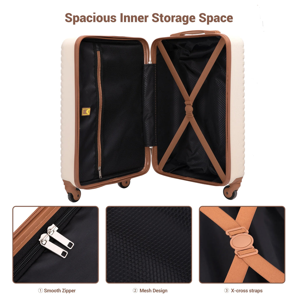 3 Piece Carry-On Luggage Sets, Hardside Suitcase Set with Spinner Wheels, Portable Travel Bag and Toiletry Bag, White