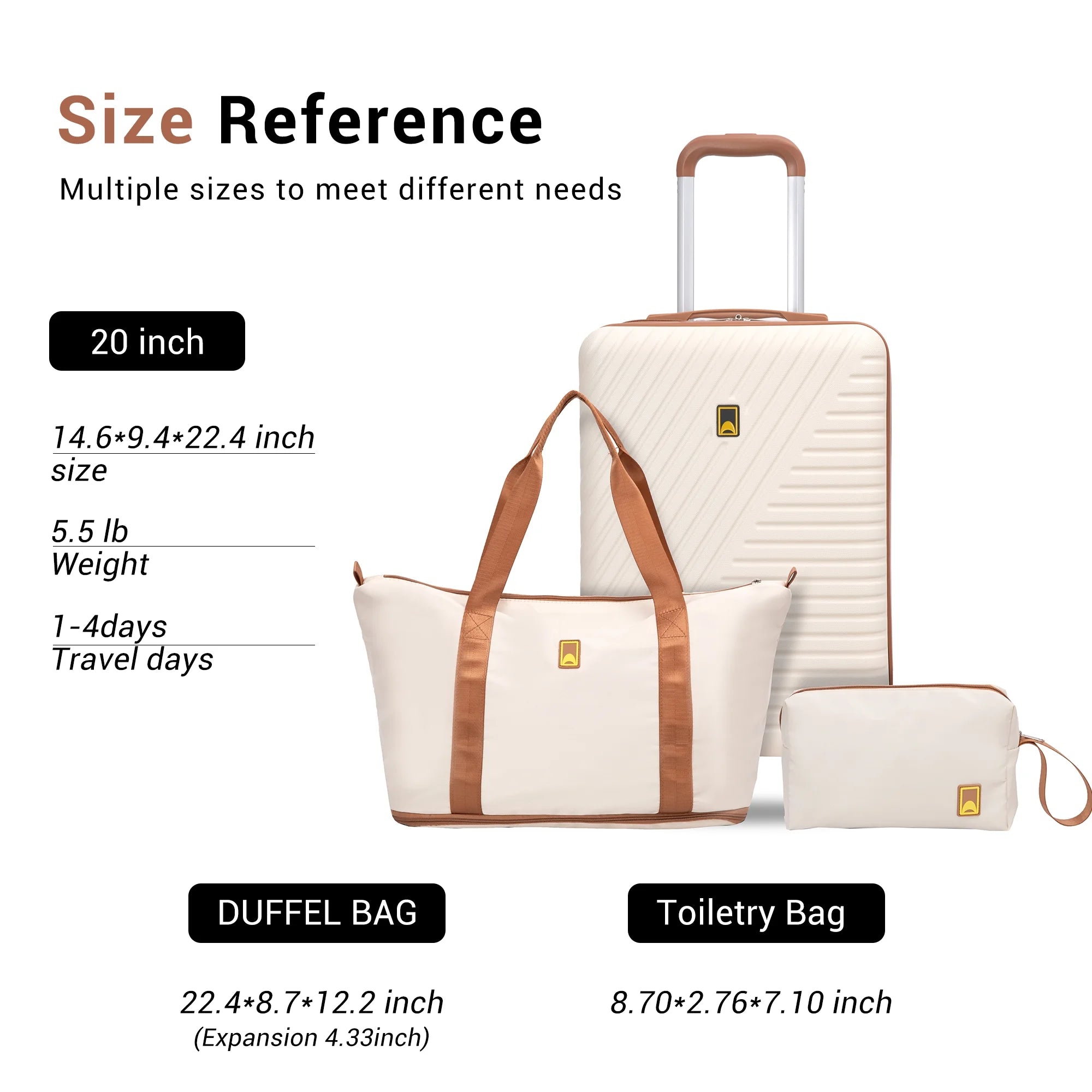 3 Piece Carry-On Luggage Sets, Hardside Suitcase Set with Spinner Wheels, Portable Travel Bag and Toiletry Bag, White