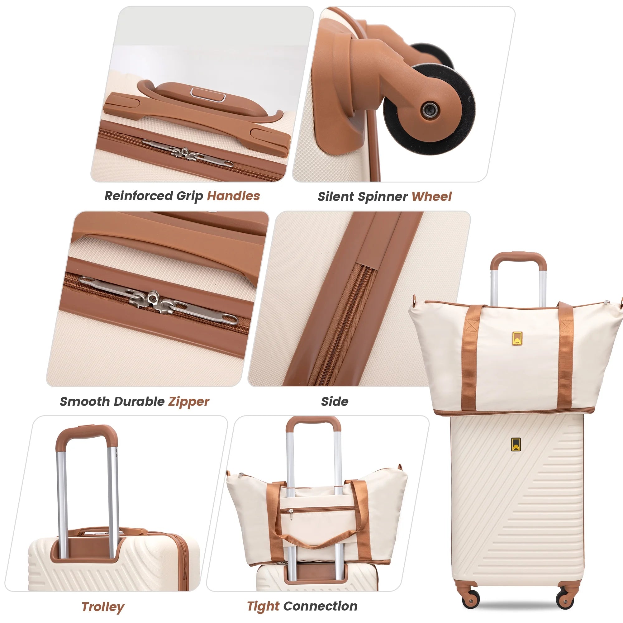 3 Piece Carry-On Luggage Sets, Hardside Suitcase Set with Spinner Wheels, Portable Travel Bag and Toiletry Bag, White