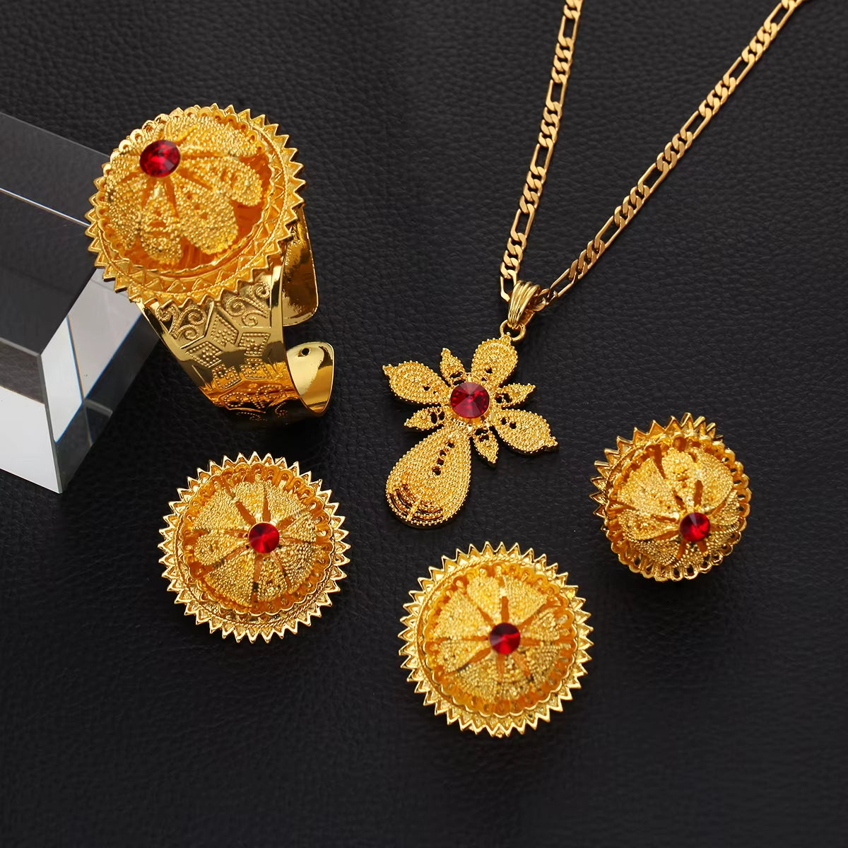 Gold Color Ethiopian Jewelry Red Blue Green Stone Habesha Women Bride Wedding Jewelry Set