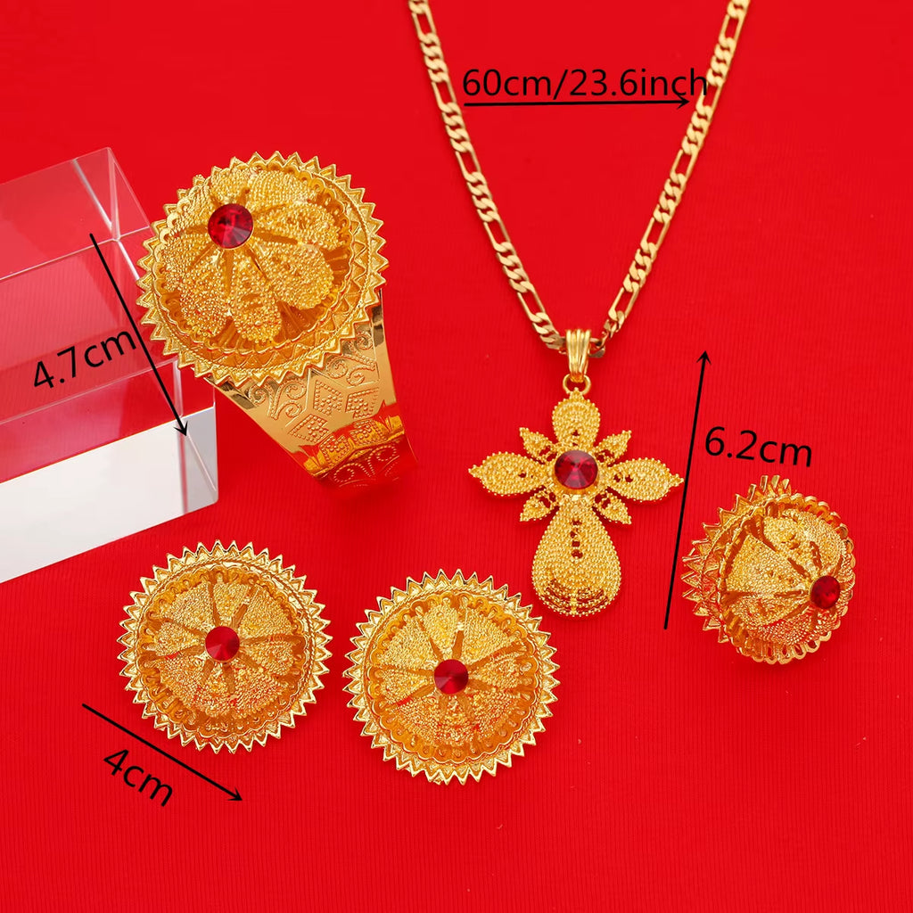 Gold Color Ethiopian Jewelry Red Blue Green Stone Habesha Women Bride Wedding Jewelry Set