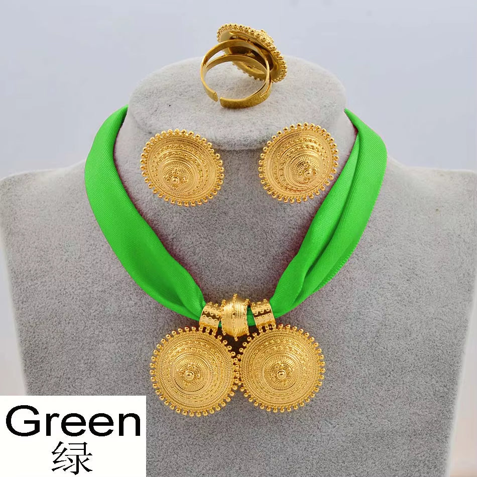 DIY Rope Chain Ethiopian Jewelry Set Gold Color Eritrea Ethnic Style Habesha Pendant Earrings Ring #217106