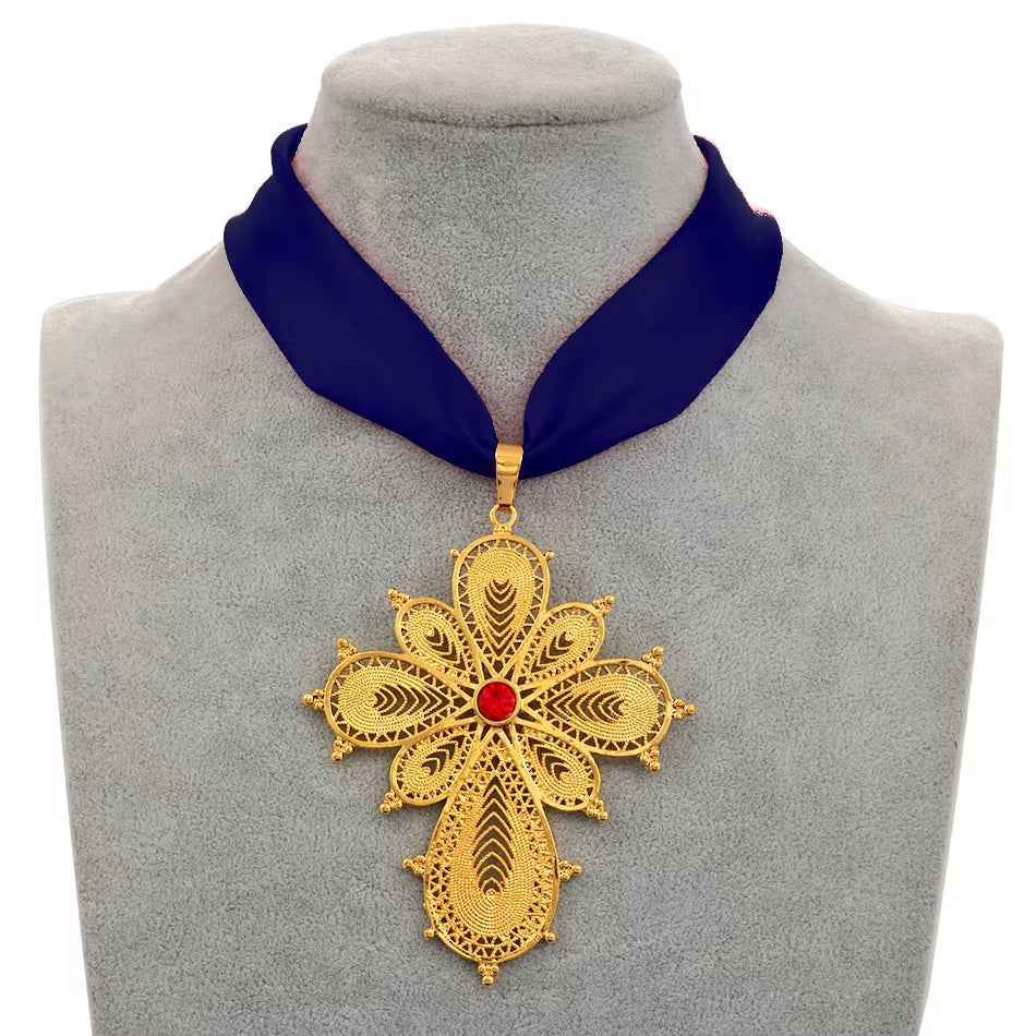 Ethiopian Wedding Party Cross Pendant with DIY Rope Chain for Women and Girls, Gold Eritrean Jewelry African Crosses #222306