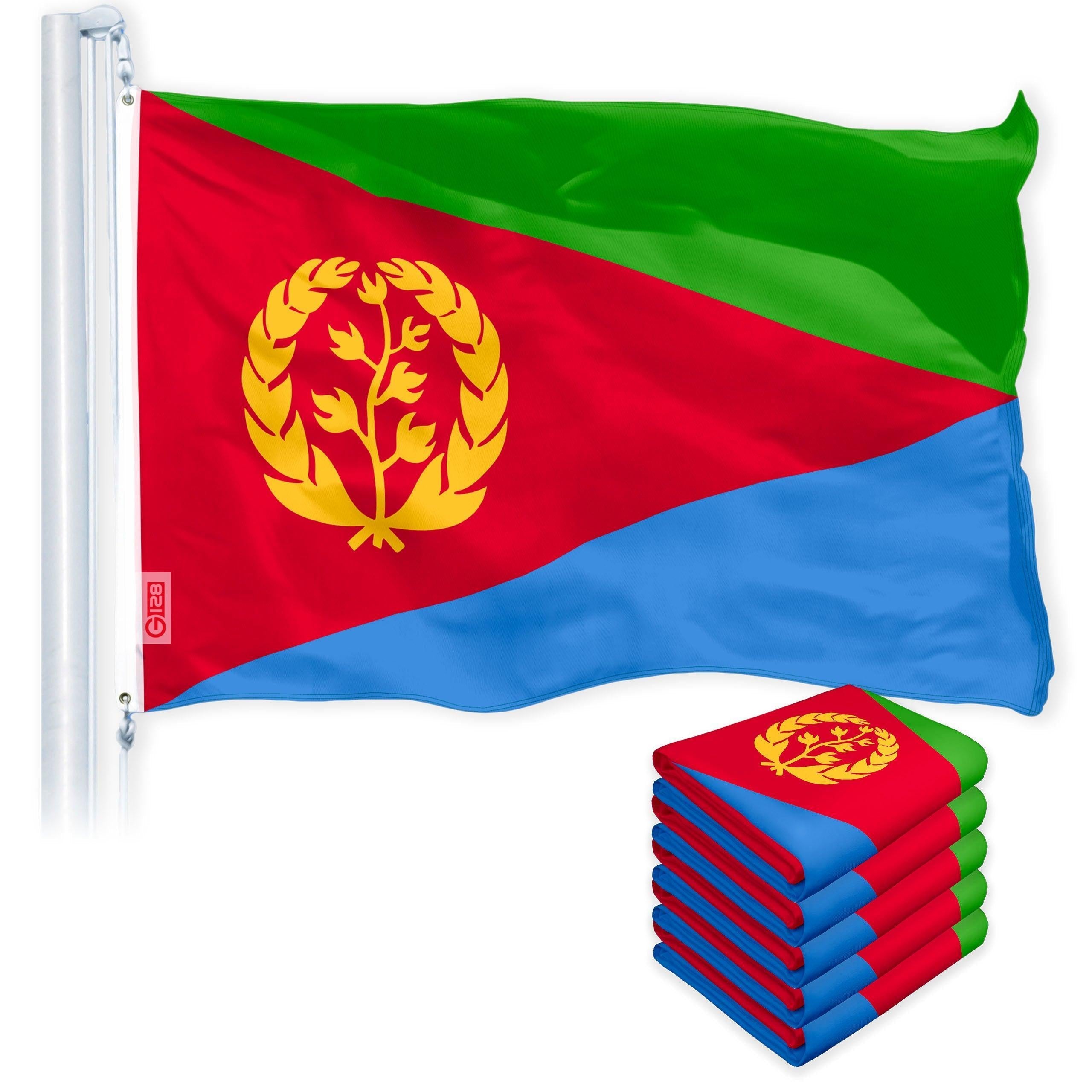 G128 5 Pack: Eritrea (Eritrean) Flag 3X5 Feet Printed 150D Indoor/Outdoor, Vibrant Colors, Brass Grommets, Quality Polyester, Much Thicker More Durable than 100D 75D Polyester