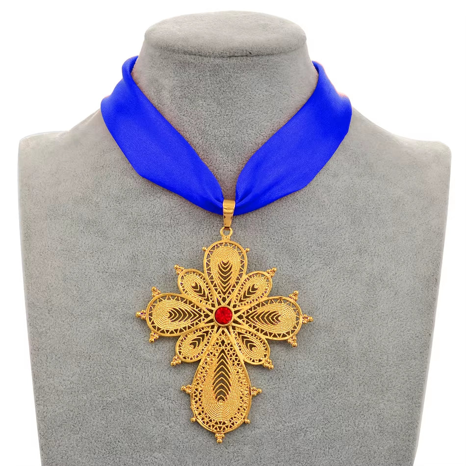 Ethiopian Wedding Party Cross Pendant with DIY Rope Chain for Women and Girls, Gold Eritrean Jewelry African Crosses #222306