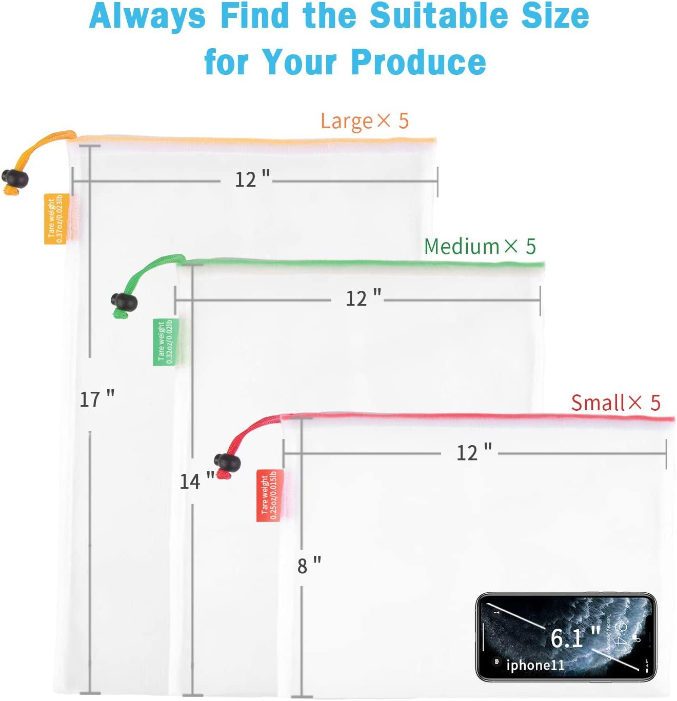 Reusable Produce Bags Set of 15 Mesh Produce Bags 3 Size Washable and See-Through Grocery Bags, with Colorful Tare Weight Tags,5 Small 5 Medium & 5 Large