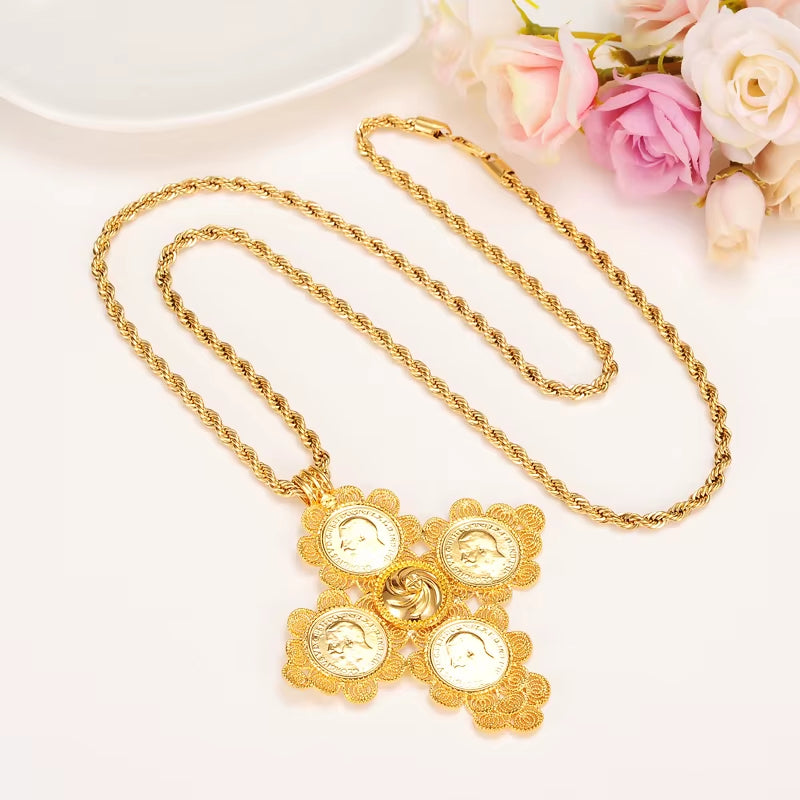 Ethiopian Big Coin Cross Pendants Long 800Mm Necklaces 24K Yellow Solid Gold GF Jewelry Africa Habesha Ethiopian/Eritrea