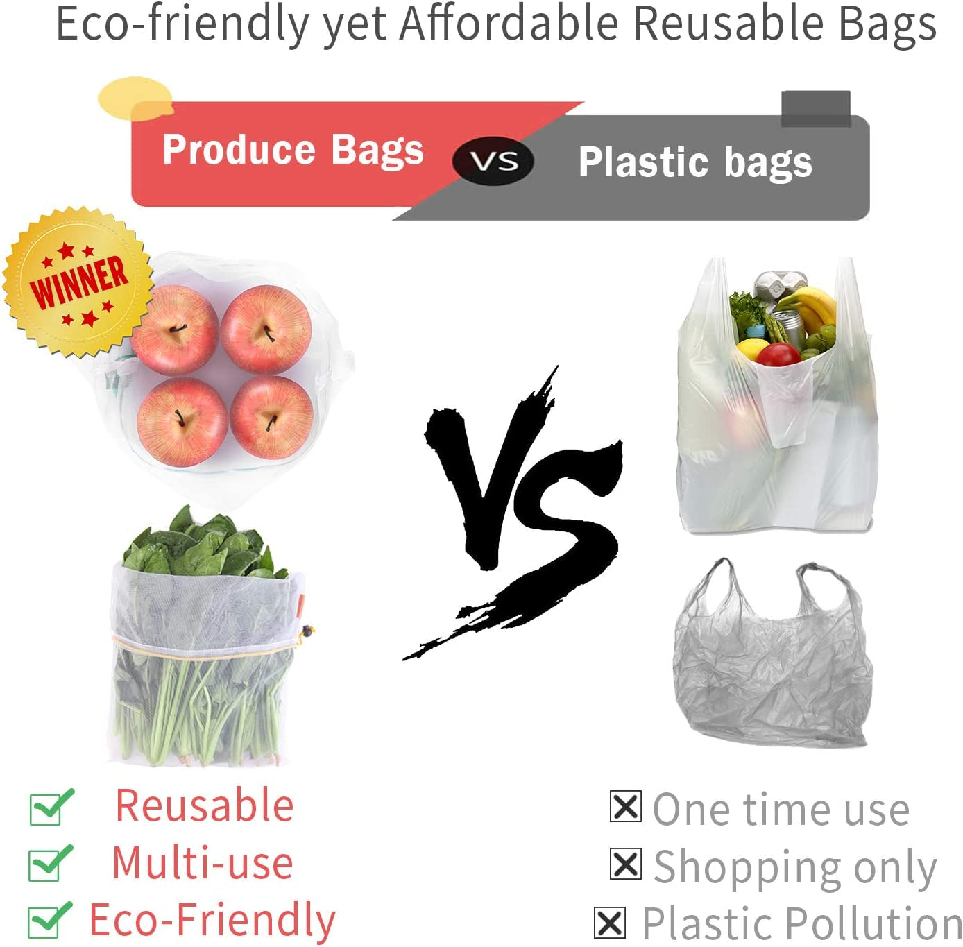 Reusable Produce Bags Set of 15 Mesh Produce Bags 3 Size Washable and See-Through Grocery Bags, with Colorful Tare Weight Tags,5 Small 5 Medium & 5 Large