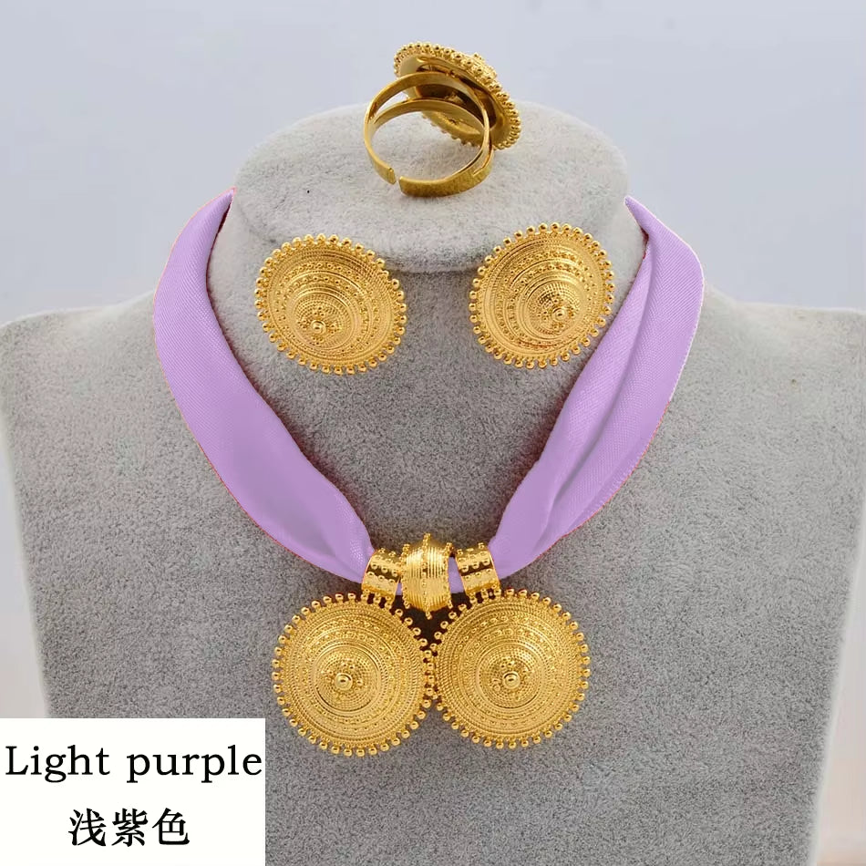 DIY Rope Chain Ethiopian Jewelry Set Gold Color Eritrea Ethnic Style Habesha Pendant Earrings Ring #217106