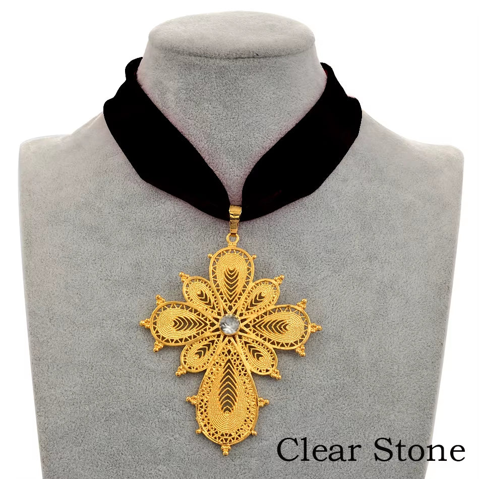 Ethiopian Wedding Party Cross Pendant with DIY Rope Chain for Women and Girls, Gold Eritrean Jewelry African Crosses #222306