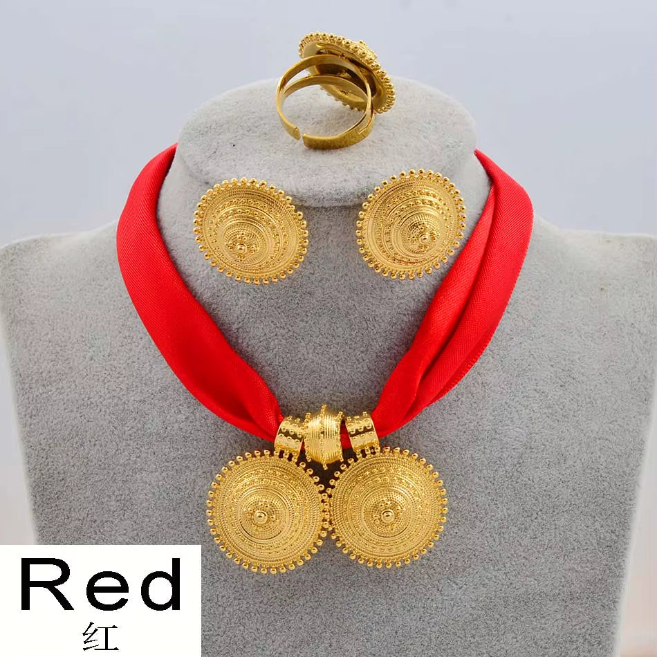 DIY Rope Chain Ethiopian Jewelry Set Gold Color Eritrea Ethnic Style Habesha Pendant Earrings Ring #217106