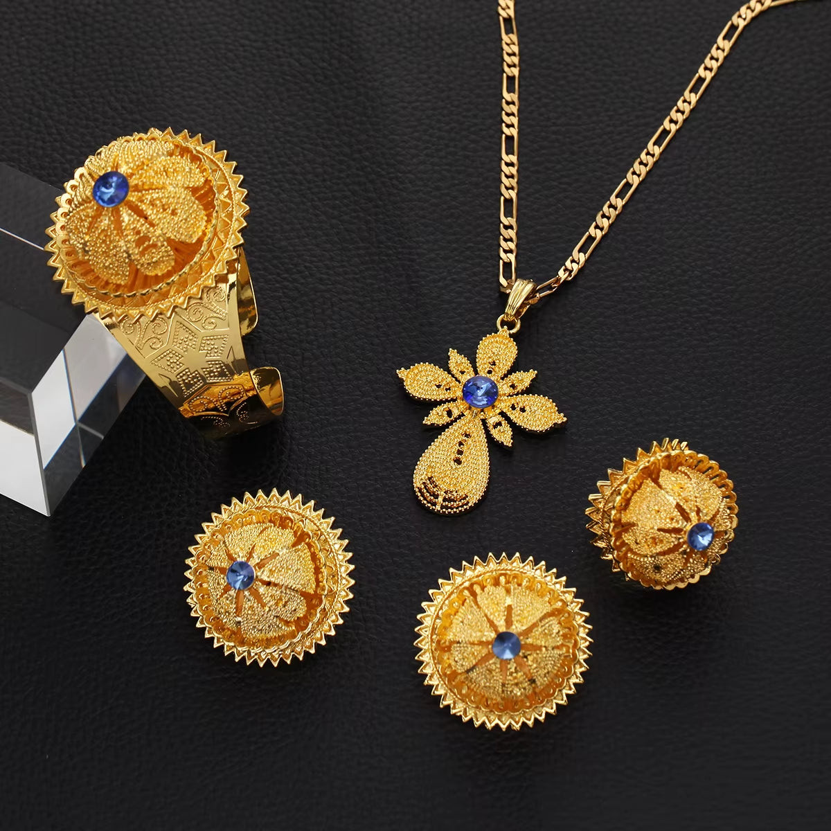 Gold Color Ethiopian Jewelry Red Blue Green Stone Habesha Women Bride Wedding Jewelry Set