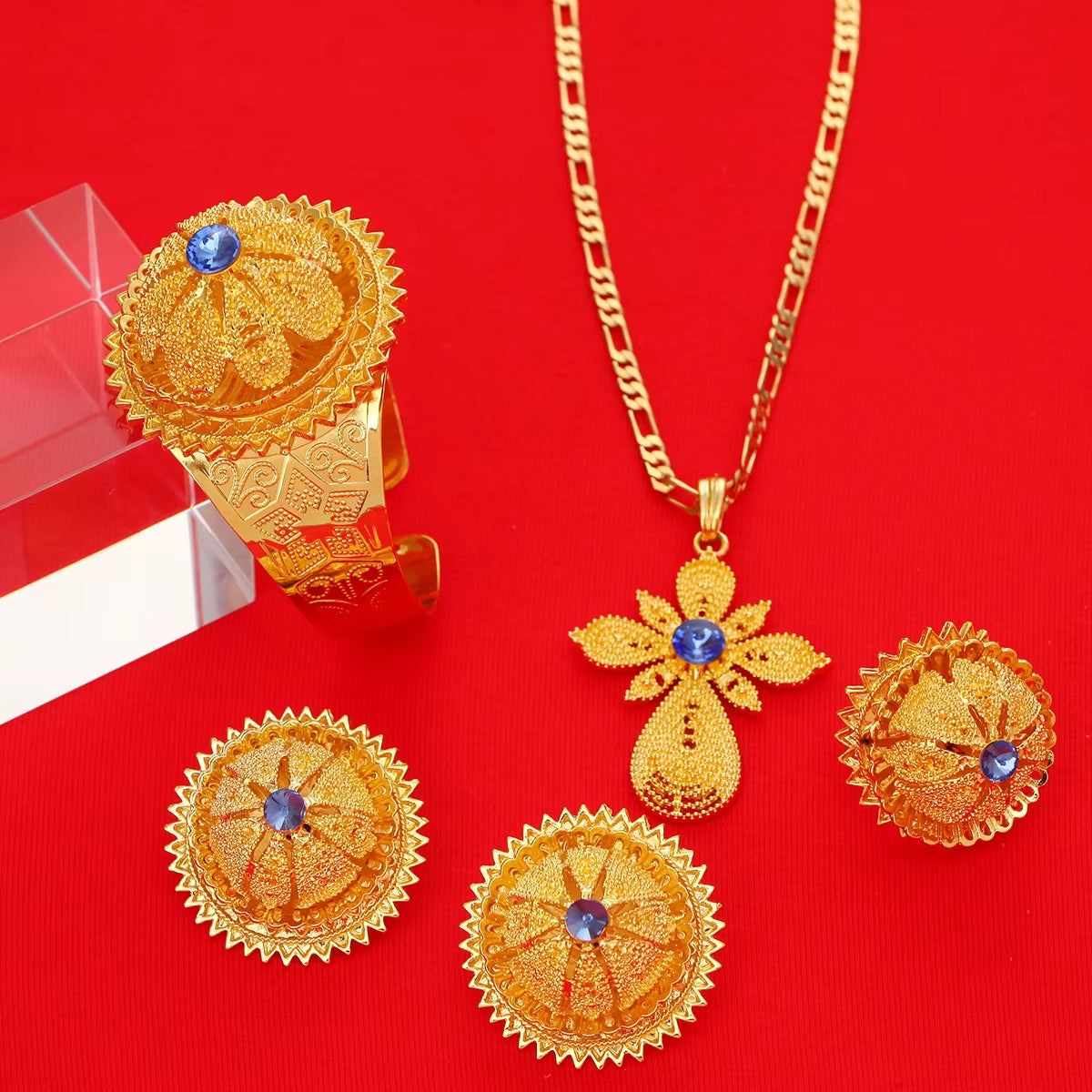 Gold Color Ethiopian Jewelry Red Blue Green Stone Habesha Women Bride Wedding Jewelry Set