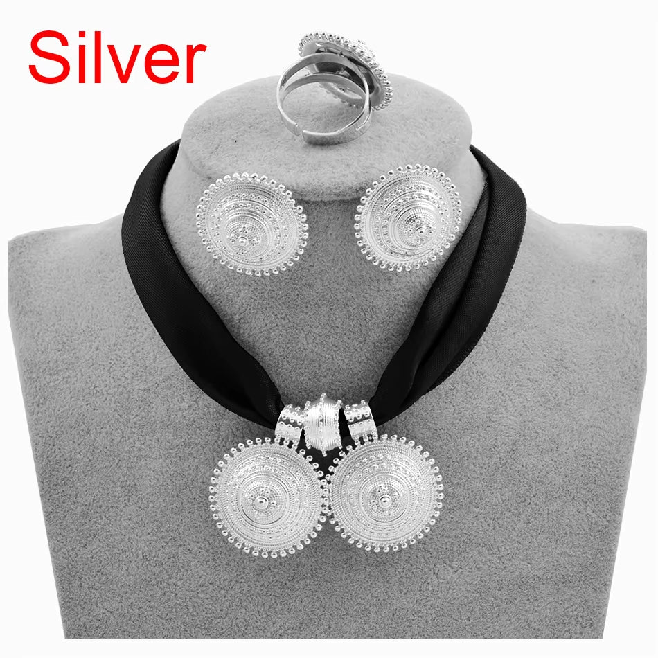 DIY Rope Chain Ethiopian Jewelry Set Gold Color Eritrea Ethnic Style Habesha Pendant Earrings Ring #217106