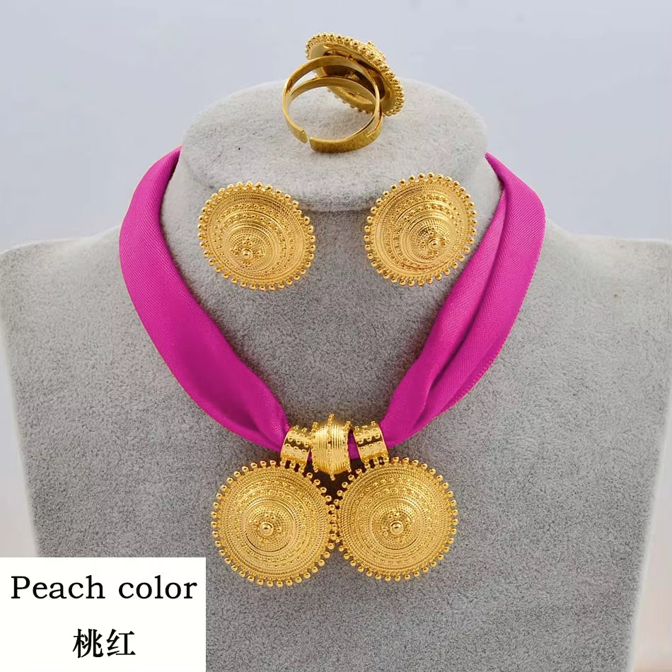 DIY Rope Chain Ethiopian Jewelry Set Gold Color Eritrea Ethnic Style Habesha Pendant Earrings Ring #217106