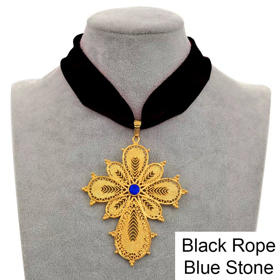 Ethiopian Wedding Party Cross Pendant with DIY Rope Chain for Women and Girls, Gold Eritrean Jewelry African Crosses #222306