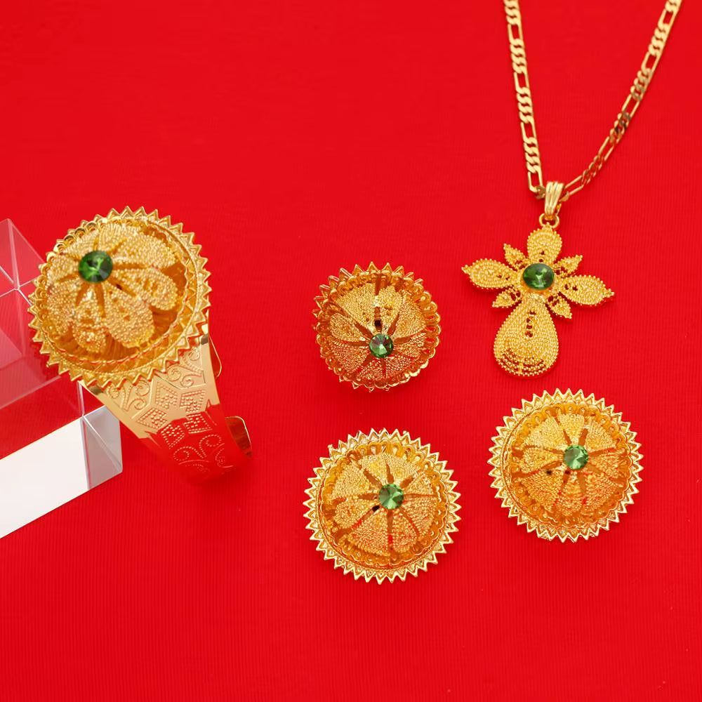 Gold Color Ethiopian Jewelry Red Blue Green Stone Habesha Women Bride Wedding Jewelry Set