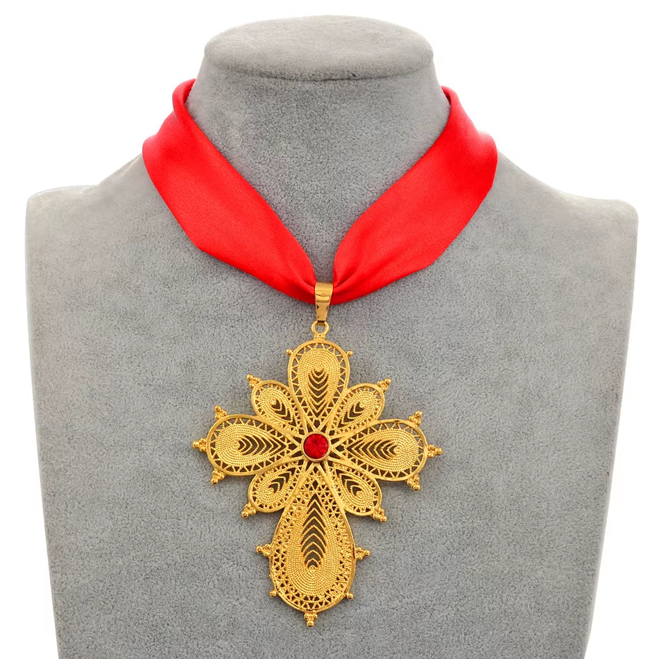 Ethiopian Wedding Party Cross Pendant with DIY Rope Chain for Women and Girls, Gold Eritrean Jewelry African Crosses #222306